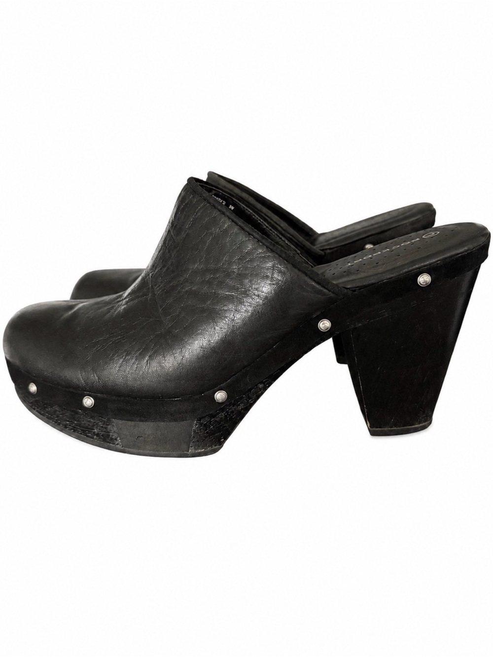Rockport Katja Black Leather Wood Platform Clogs Studded Mule Shoes Women’s 8